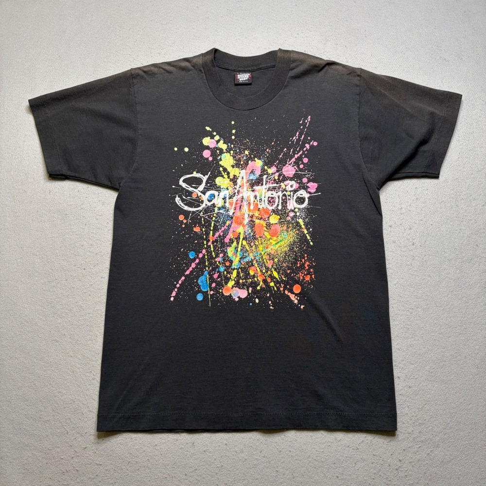 Screen‎ Stars T-Shirt Mens L Blk San Antonio Vintage 90s Neon Paint Splatter USA